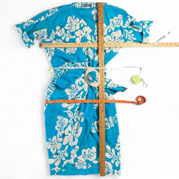 VTG Thierry Mugler 1990 Eté Hawaï Collection Tropical Silk Wrap Dress Blue 36 S - Picture 11 of 16